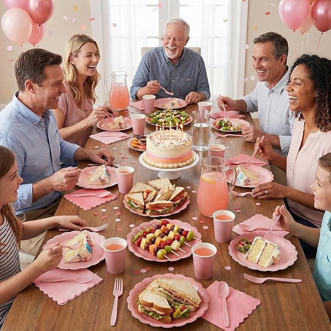 Yaomiao 168 Pcs Dusty Pink Dinnerware Sets Blush Pink Plates Round Disposable Paper Plates Cups Napkin Knife Fork Spoon Serve 24 Guests Wedding Bridal Baby Shower Princess Birthday Party Supplies