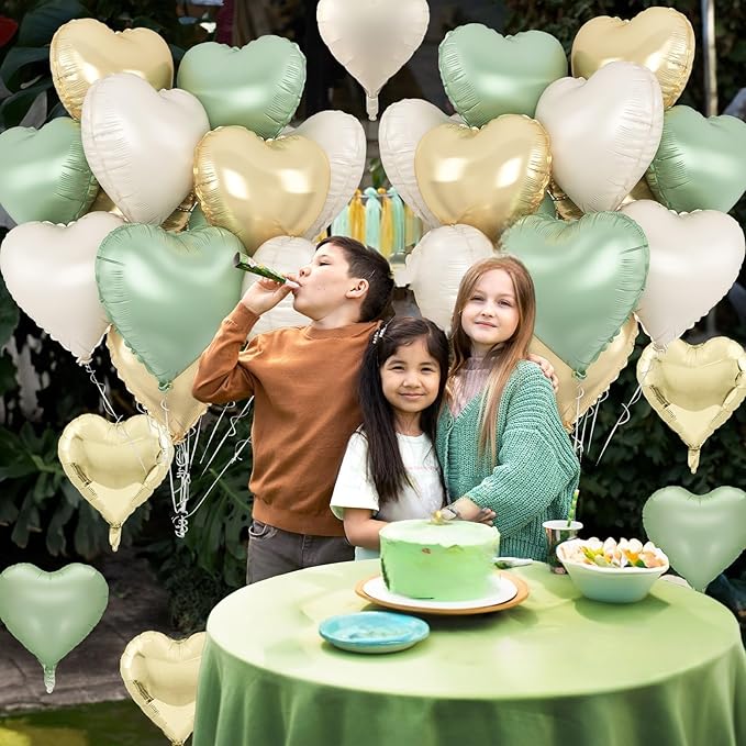 Sage Green Gold Heart Balloons, 12PCS Green Gold Heart Shaped Foil Balloons, 18Inch Green Cream White Heart Helium Foil Balloon for Jungle Woodland Birthday Wedding Baby Shower Party Decoraion