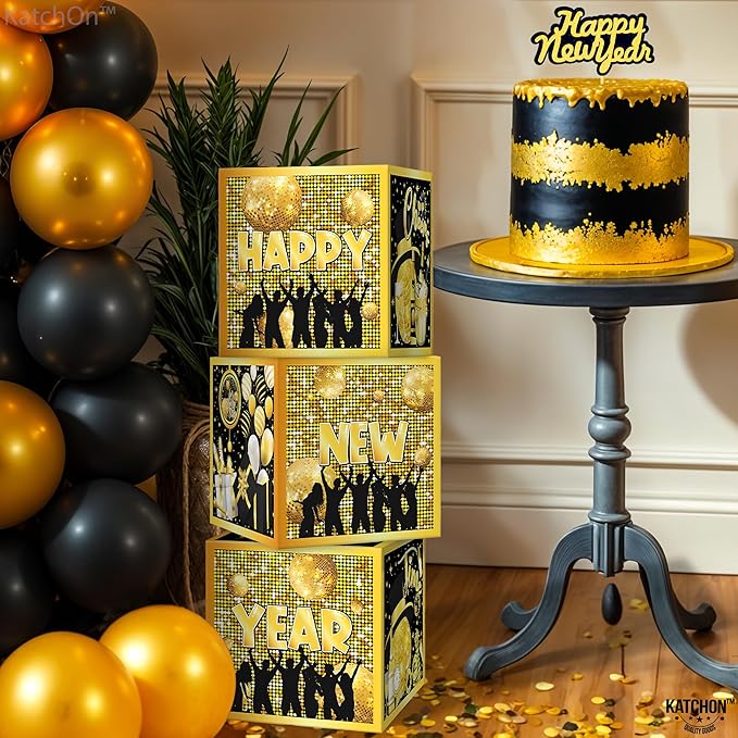 KatchOn, Happy New Years Decorations 2026 - Pack of 3 | New Year Balloon Boxes 2026 for New Years Eve Party Supplies 2026 | Black, Gold New Year Balloons and Confetti Boxes | NYE Decorations 2026