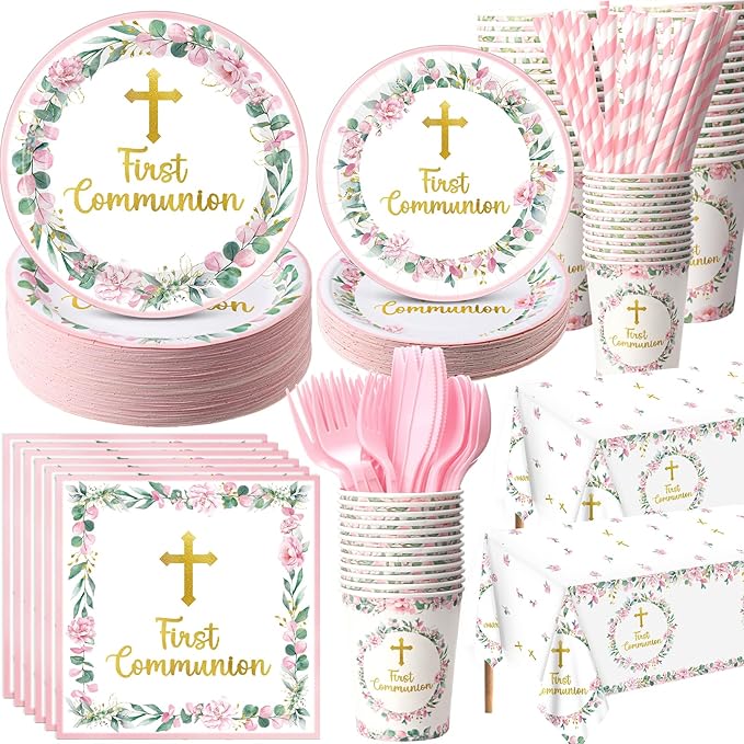 Ceenna 452 Pcs First Communion Party Decoration Girl for 50, Pink Baptism Paper Plate Napkin Cup Tablecloth Cutlery Straw God Bless Disposable Tableware for Christening Religious Baby Shower Supplies