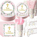 Ceenna 452 Pcs First Communion Party Decoration Girl for 50, Pink Baptism Paper Plate Napkin Cup Tablecloth Cutlery Straw God Bless Disposable Tableware for Christening Religious Baby Shower Supplies