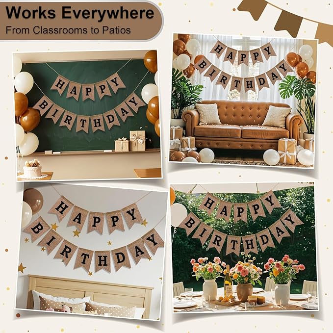 Happy Birthday Banner - Pre‑Strung Burlap Birthday Decorations and Reusable Birthday Sign for Men, Women & Kids | Party Supplies Backdrop (Black)