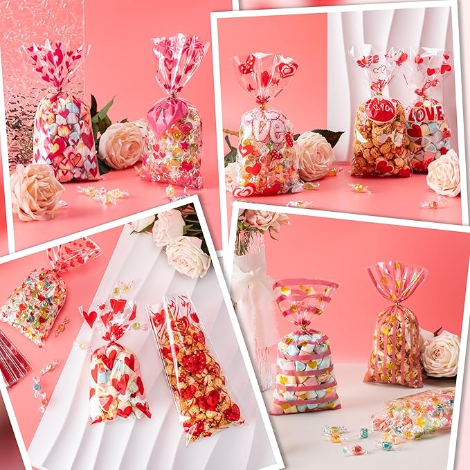Aegero Valentines Cellophane Bags 120pcs Valentines Candy Bags with 140pcs Twists for Valentine's Candy Cookie Goodie Snack Bag for Valentines Day Wedding Party Favor Supplies,Classroom Parties Valentine03-Gold Powder Heart