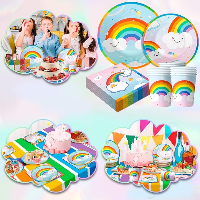 20 Guests Rainbow Birthday Party Tableware, Include Colorful Plates Cups Napkins Tablecloth etc Rainbow Birthday Party Decorations