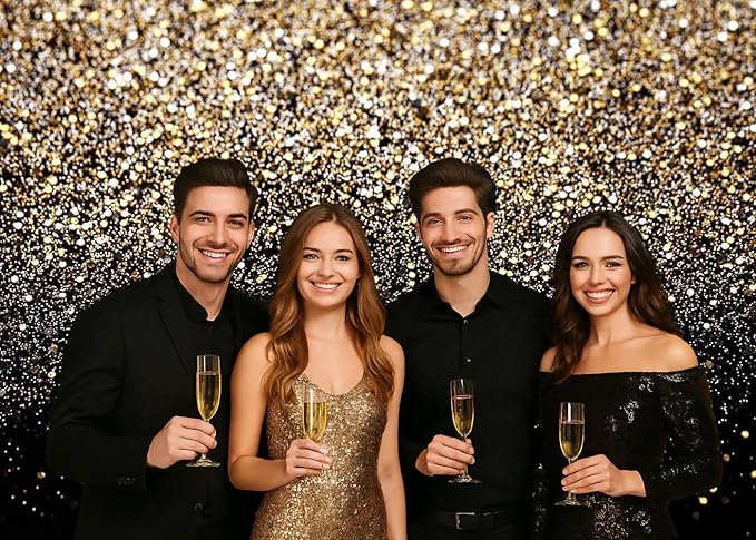 Dudaacvt 8x6FT Black and Gold Backdrop Gold Glitter Paint Banner Golden Bokeh Spot Starry Sky Wedding Adult Baby Children Family New Year Party Backdrop
