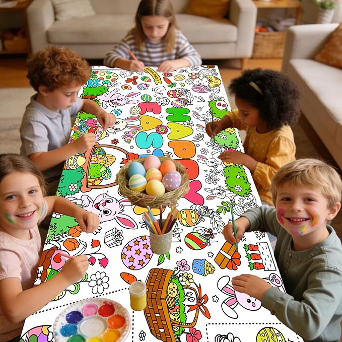 Easter Giant Coloring Poster for Kids,30x72 Inch Happy Easter Crafts Drawing Paper Coloring Tablecloth DIY Art Crafts for Kids Party Bunny Egg Themed Activity Home Classroom Party Suppiles