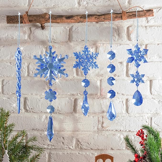 18pcs Crystal Christmas Ornaments for Christmas Tree Decorations-Royal Blue Hanging Acrylic Snowflake and Icicle Ornaments with Drop Pendants for New Year Party Decorations Supplies