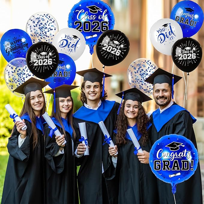 Blue and Black Graduation Balloons Graduation Decorations 2026, 51Pcs Grad Latex Balloons and Grad Foil Balloon with Confetti Ribbons Grad Party Decorations for College High School