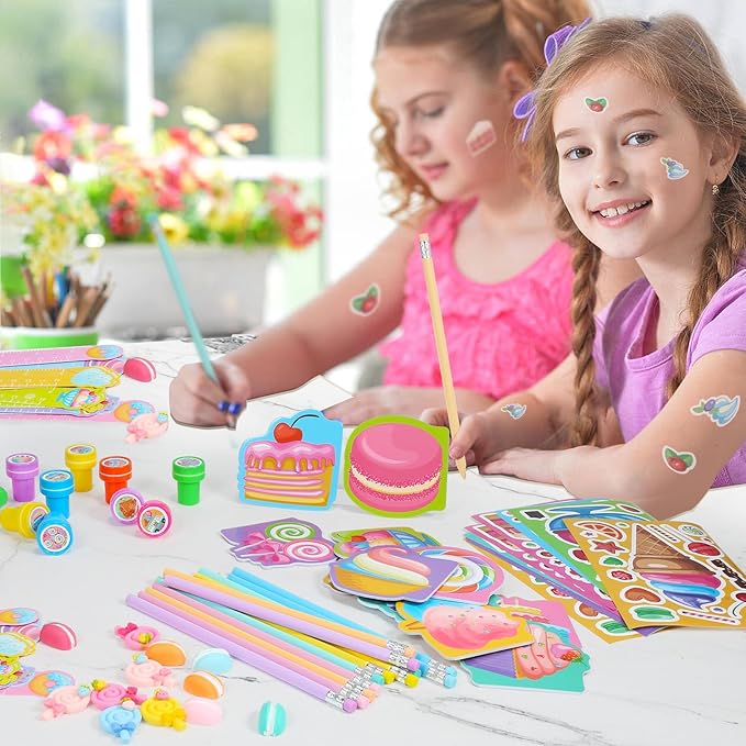 BenLouis 192Pcs Candyland Party Favors Ice Cream Donut Mini Notebook Stampers School Stationery Bulk for Kids Lollipop Sweet Treats Birthday Goodie Bags Pinata Filler Classroom Prizes Supplies