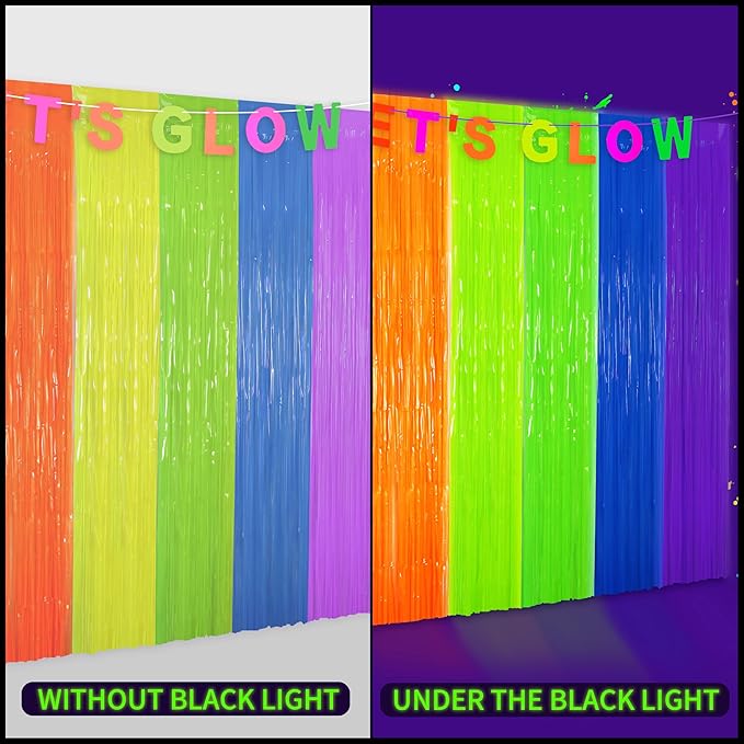 Glow in The Dark Tinsel Curtains 2 Pack - 3.3x6.6ft UV Reactive ‌Fluorescent Party Backdrop for Neon, Birthday, Pride Decorations, Pre-Taped, Lightweight Waterproof