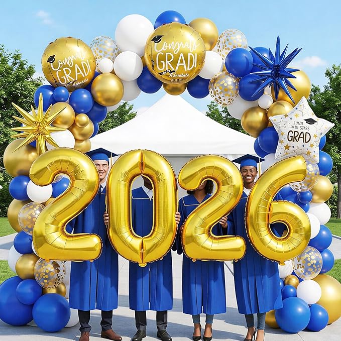 Graduation Balloons Garland Arch Kit, Graduation Balloons Class of 2026, Navy Blue and Gold White Latex Balloon with Foil Balloon for Class of 2026 Party Decor