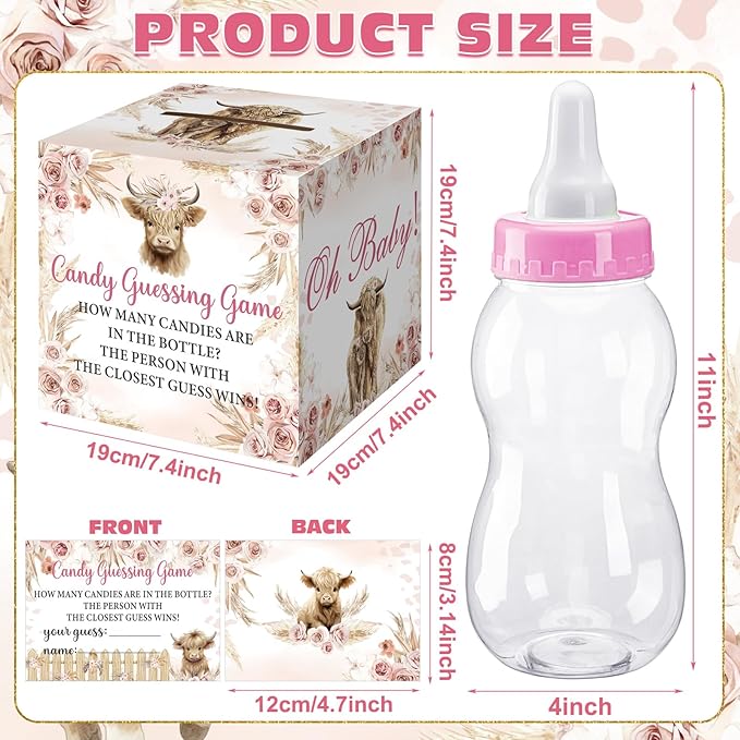 Glenmal 52 Pcs Baby Shower Games Gift Sets Large Baby Bottle for Shower Game Guess How Many Candies Decorations for Gender Reveal (Highland Cattle)