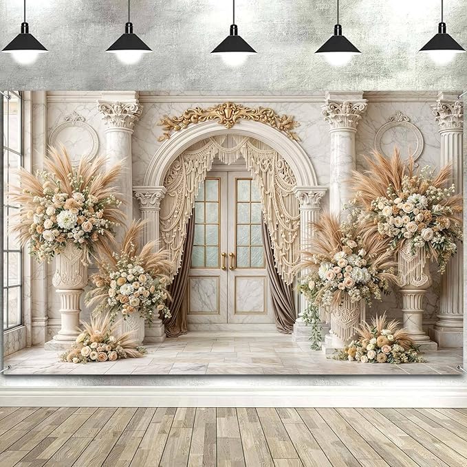 8X6ft European Retro Palace Backdrop Elegant Boho Flowers Photography Background Luxurious Dreamlike Wedding Bridal Shower Party Decoration Supplies Cake Table Photo Booth Studio Props