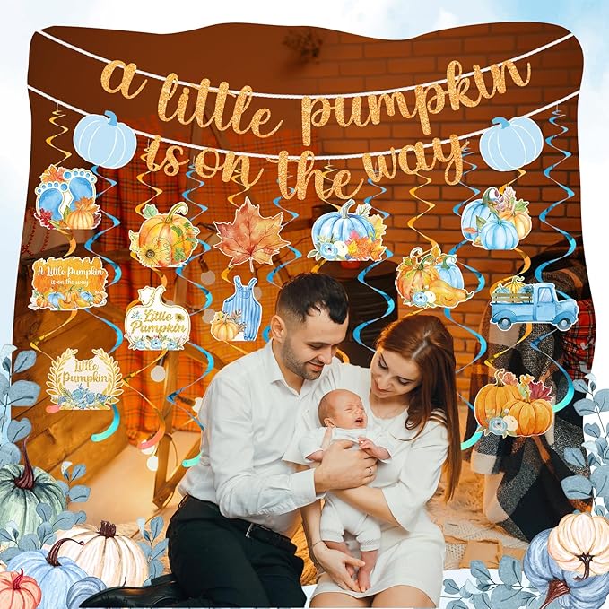 26 Pcs Little Pumpkin Baby Shower Banner Sign with 12 Hanging Swirls A Little Pumpkin Is on the Way Banner Fall Blue Hanging Decorations for Gender Reveal Theme Party Supplies