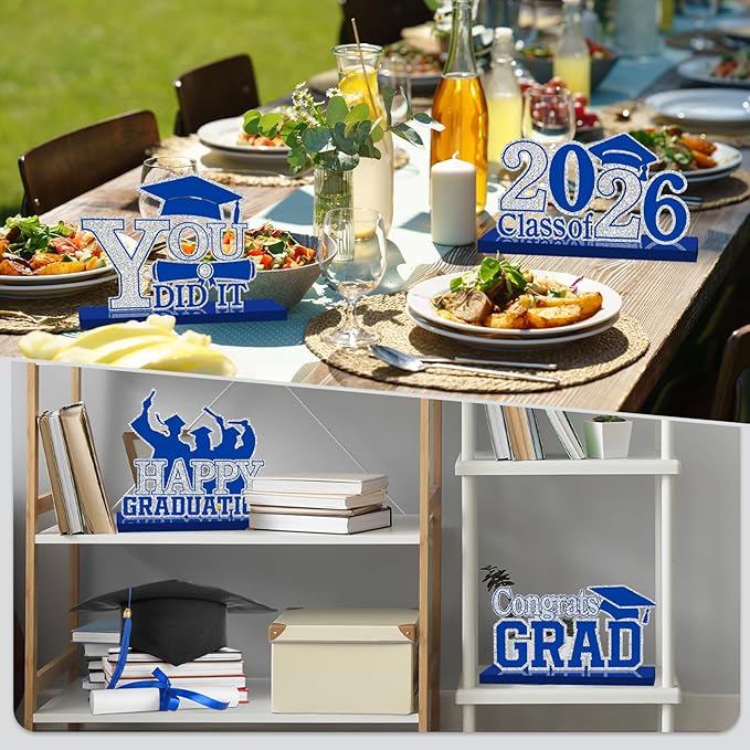 4Pcs Graduation Decorations Class of 2026 Wood Table Centerpieces Congrats Grad Wooden Sign Graduation Table Toppers Congratulate Tiered Tray Decor for 2026 Graduation Party (Blue-Silver)
