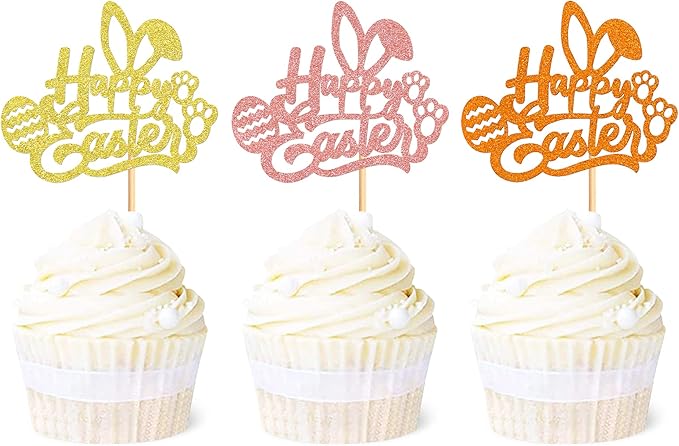 Ercadio 24Pcs Gold Pink Orange Happy Easter Cupcake Toppers Glitter Happy Easter Bunny Ears Cupcake Picks for Easter Day Baby Shower Easter Birthday Wedding Anniversary Party Decor Supplies