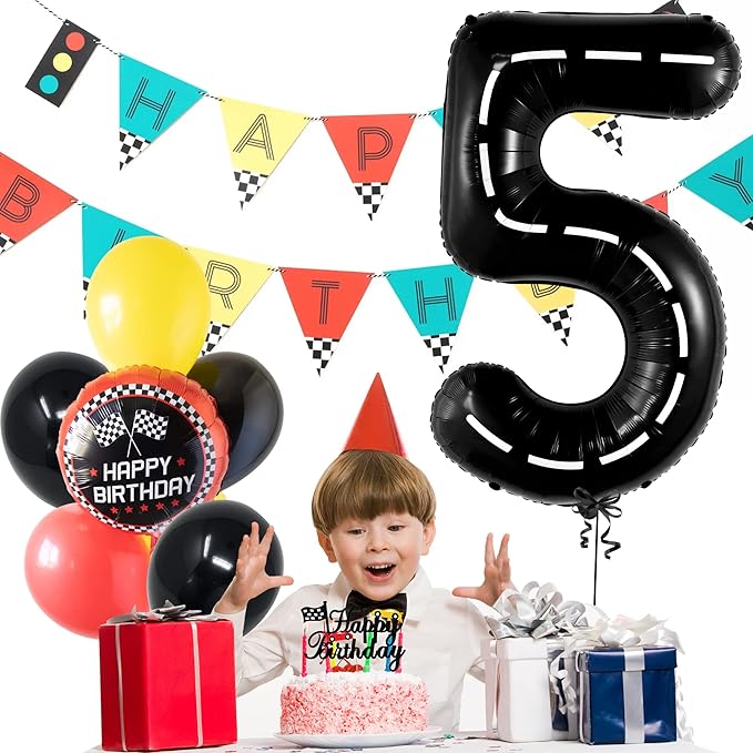 KatchOn, Number 5 Race Car Black Balloon - Giant 40 Inch, Party Supplies, Hotwheel Birthday Decorations, Unisex, All Ages, 3 Pieces