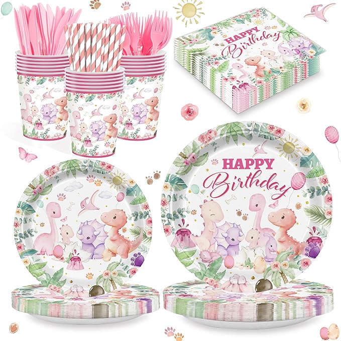 168PCS Dinosaur Party Supllies for Girls Pink Cartoon Dino Birthday Party Decorations Watercolor Dino Plates Cups Napkins Cups Forks Knives and Straws Tableware Set for 24 Guests