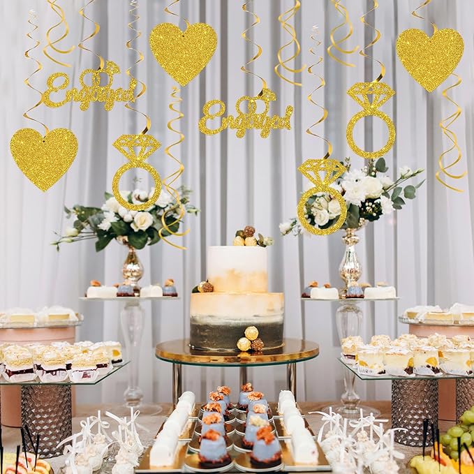 Maicaiffe We're Engaged Hanging Swirl Decorations - Glitter 14 Pcs Bridal Shower Party Supplies - Engagement Wedding Streamers - Bachelorette Party Foil Swirls Ceiling Decorations