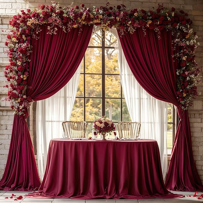 Burgundy Backdrop Curtains - 8 Panel Wrinkle-Free Polyester Photography Drapes for Baby Shower & Birthday Party - 32 X 10FT