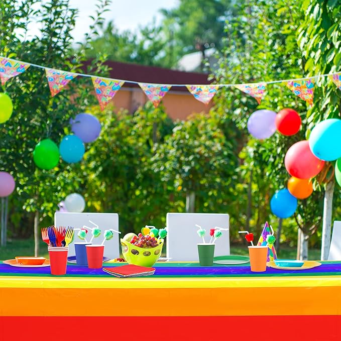 ADXCO Rainbow Party Decorations Include Rainbow Paper Plates, Cups, Napkins, Cutlery & Waterproof Tablecloth for 24 Guests