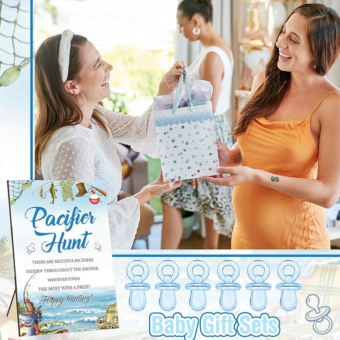 Thyle 51 Pcs Fishing Pacifier Hunt Baby Shower Games a Little Fisherman Is on The Way Theme Baby Shower Game Decoration Include Hunt Sign and Acrylic Pacifiers Fish Themed Gift Sets for Gender Reveal