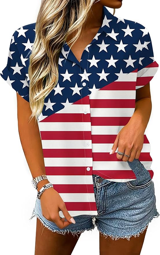4th of July Shirts Women American Flag Patriotic Shirt Independence Day Short Sleeve Button Down Outfits