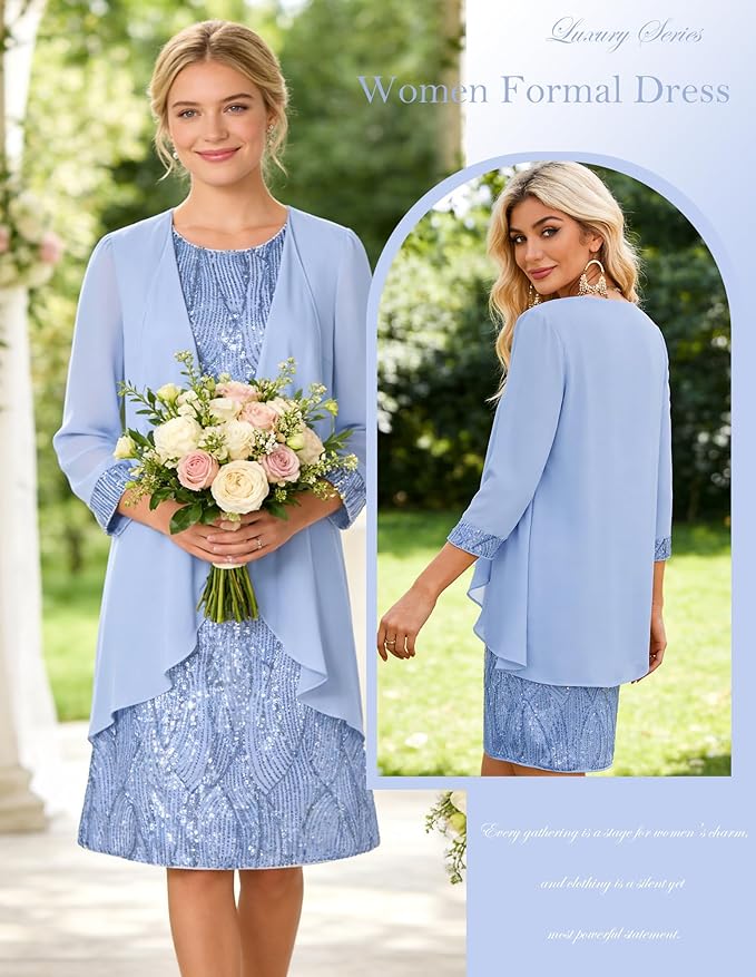 GRACE KARIN Women's Sequin Dress - Wedding Guest & Mother of The Bride Formal Dress - Two Piece Knee Length