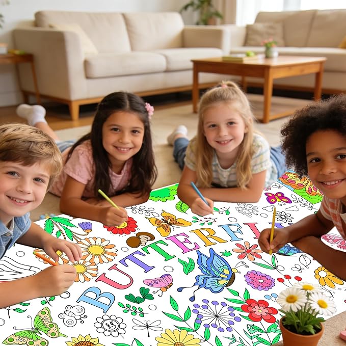 Spring Giant Coloring Poster for Kids 30x72 Inch Large Butterfly Fairy Party Flower Drawing Paper Coloring Tablecloth DIY Art Crafts Mat for Kids Birthday Themed Activity Wall Home Classroom Suppiles