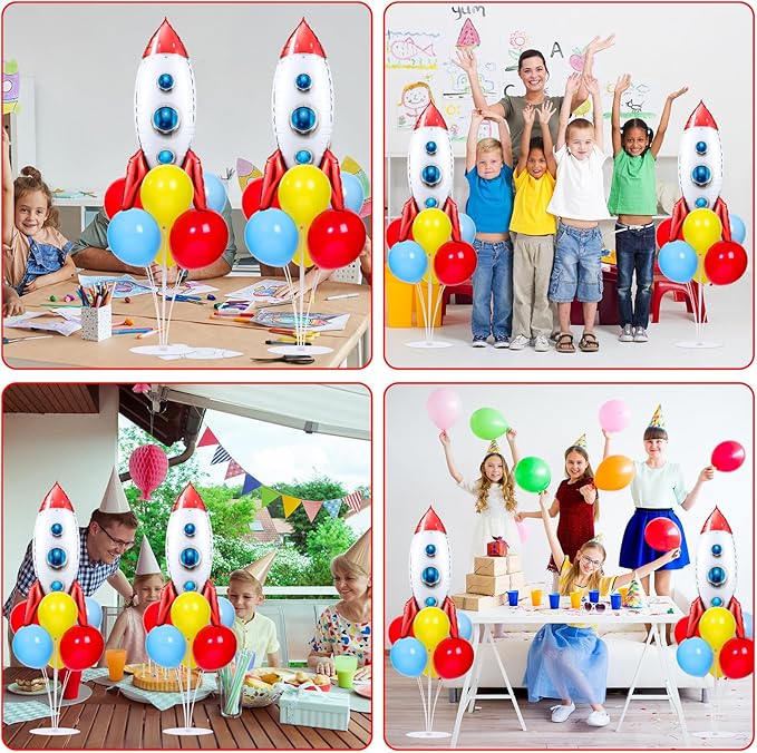 Toy Inspired Themed Party Story Balloons Stand Kit 2 Sets With 2 Rocket Foil Balloons Toy Themed Red Blue Yellow Balloon Centerpiece for Tables for Boys Birthday Baby Shower Cartoon Party Decorations