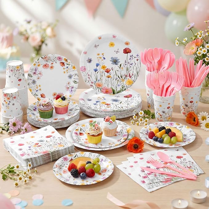 400 Pcs Wild Floral Disposable Paper Plates Napkins and Cups Serve 50 Watercolor Floral Tableware Set for Spring Wedding Tea Party Decoration Bridal Baby Shower (Pink Color, Gentle Style)