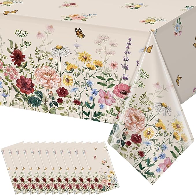 12 Pcs Spring Floral Tablecloth, Butterfly Wildflower Plastic Disposable Tablecloth Rectangle Table Covers for Easter, Birthday, Wedding, Mothers Day Tea Party Supplies and Decorations,54 x 108 Inch