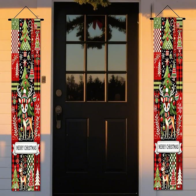 Nuxovilar Christmas Decorations Outdoor Yard Front Porch Sign Set, Red Black Plaid Christmas Tree Reindeer Door Banners for Front Door, Hanging Xmas Decor for Home Indoor Outdoor Wall Yard
