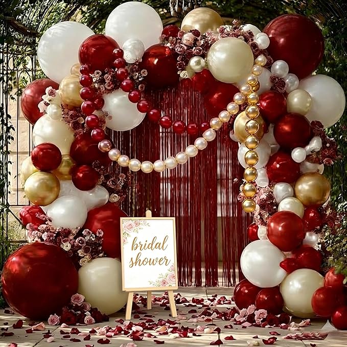 Red White Gold Balloon Arch Double Stuffed Burgundy Pearl White Sand Gold Balloon Garland Kit Red Linking Balloons Fringe Curtain for Bridal Shower Wedding Birthday Mother's Day Engagement Party Decor
