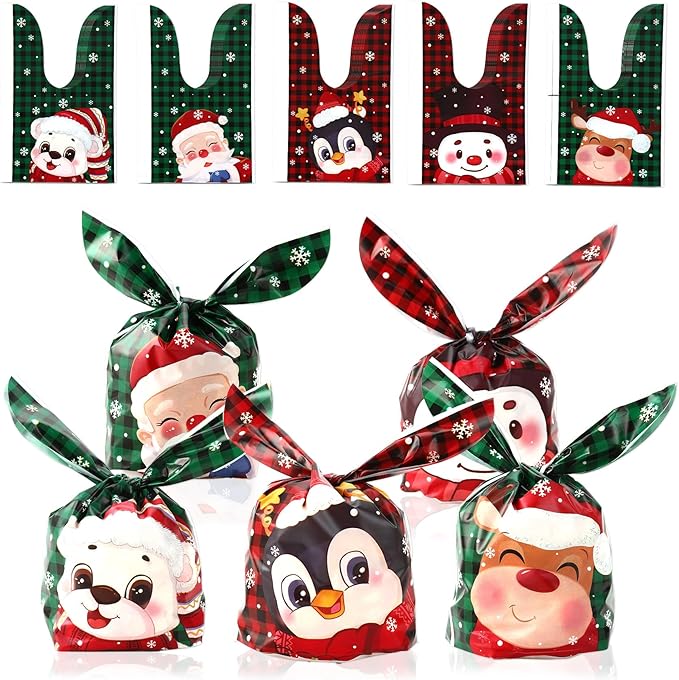 Christmas Treat Goodie Bags, 100 Pcs Xmas Plastic Cellophane Candy Cookie Snack Rabbit Ears Gift Bag, Plastic Goody Present Wrapping Bag for Christmas Holiday Event Party Favors Decoration (5 Designs)