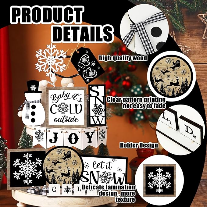 Winter Tiered Tray Decor Set Snowman Snowflake Table Decor Christmas Tree Wooden Sign Farmhouse Coffee Spice Blocks Winter Decoration for Christmas Home Table Shelf