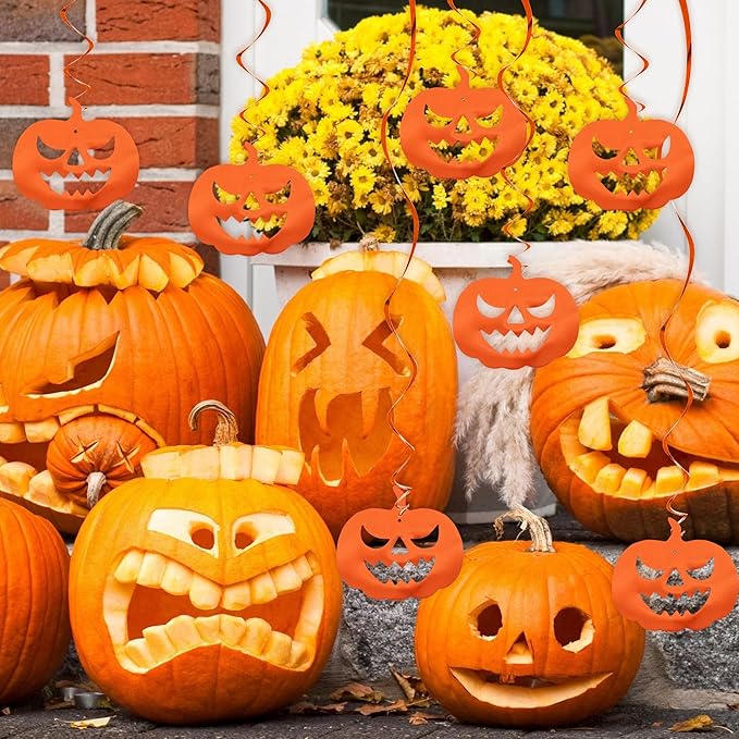 BEISHIDA Halloween Pumpkin Hanging Decorations - Orange Swirls, Horror Party Supplies for Pumpkin Theme Party Favors (15pcs)