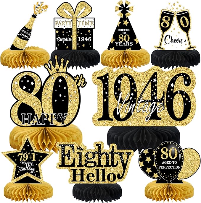 9Pcs 80th Birthday Decorations Honeycomb Centerpieces for Men Women, Black Gold Happy 80th Birthday Centerpieces Tables Toppers Party Decorations Supplies,Vintage 1946 Aged Table Sign Decor