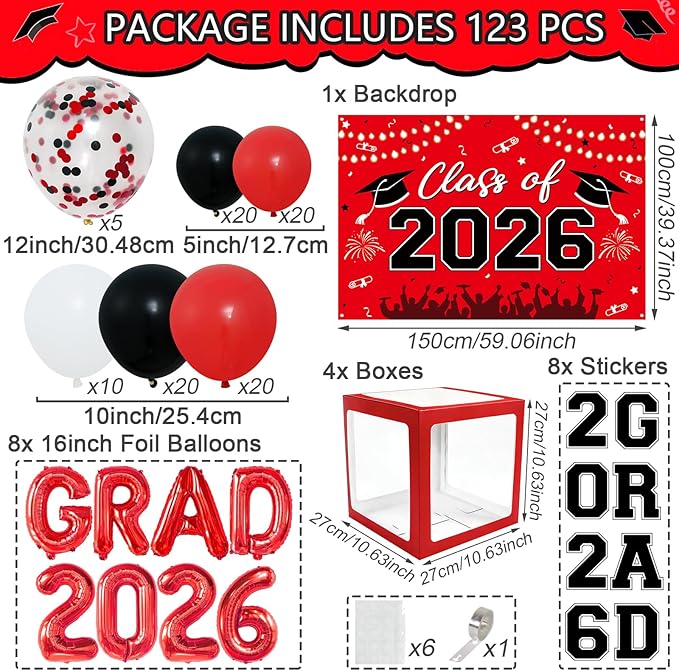 Graduation Decorations Class of 2026-123pcs Red Black Graduation Party Decorations include Balloon Boxes with Letters, Balloon Arch Kit and Backdrop for 2026 Grad Party Supplies