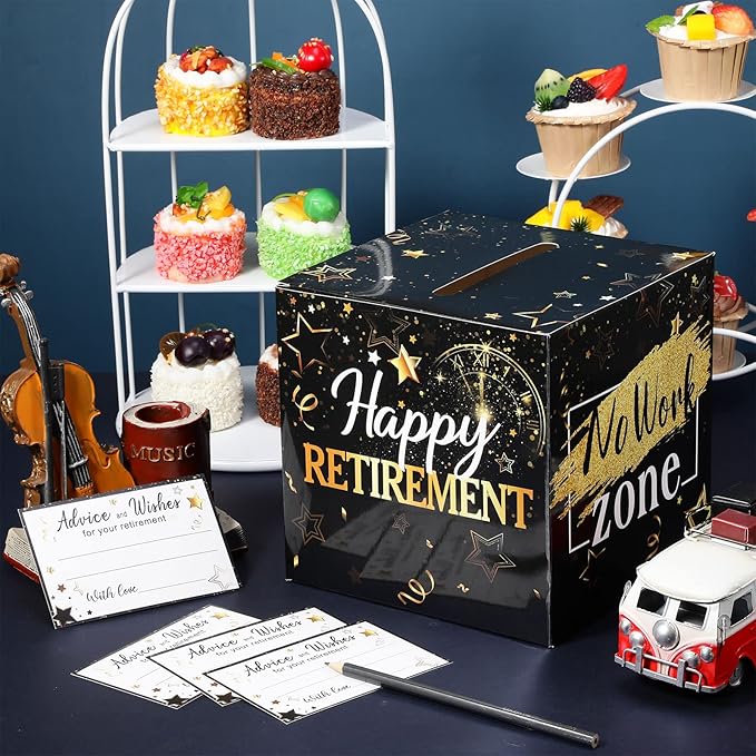 Funrous 51 Pcs Retirement Card Box Advice & Well Wishes Cards for Women Men Happy Retirement Party Decorations Going Away Party Favors(Black and Gold)