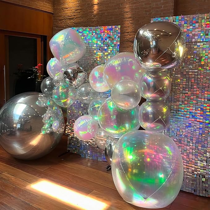 12PCS Iridescent Round Foil Balloons, 22" 15" 10" Large 4D Ball Balloons Holographic Mirror Sphere Balloon for Wedding Baby Shower Mermaid Princess Birthday Party Ceiling Decorations