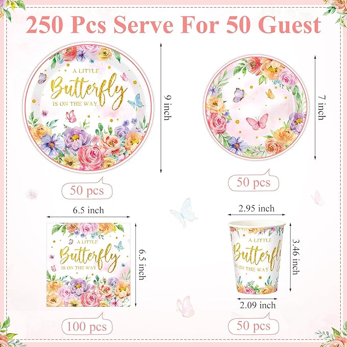 250 Pcs Butterfly Baby Shower Party Tableware Set a Little Butterfly Is on the Way Baby Shower Decorations Pink Purple Floral Paper Plates Napkins and Cups for 50 Guest (Fresh Style)