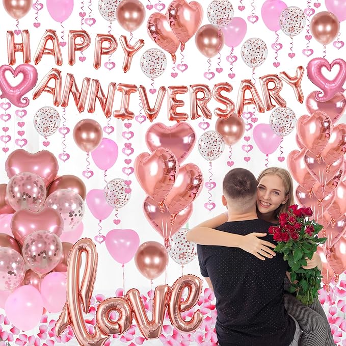 Happy Anniversary Decorations with Rose Gold Happy Anniversary Banner, Heart Balloons, Love Balloon, Silk Rose Petals and Heart Hanging Decor for Valentines Day, Wedding, Bridal Shower Decorations