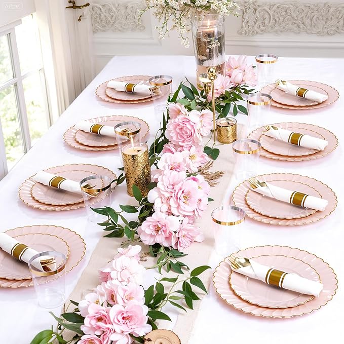 YOUBET 350PCS Pink Scalloped Plastic Plates - Pink and Gold Disposable Dinnerware Set Include 100 Plates, 150 Gold Silverware, 50 Cups, 50 Napkins for Wedding & Party Easter Mothers Day