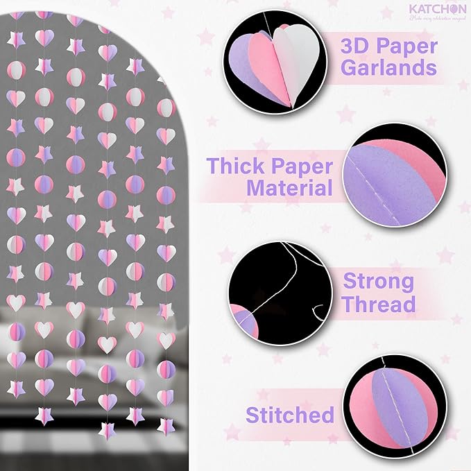 KatchOn, 3D Pink and Purple Paper Garland – Pack of 6 | Garland for Mermaid and Unicorn Birthday Decorations | Happy Birthday Decorations for Girls | Unicorn Party Decorations | Hanging Decorations