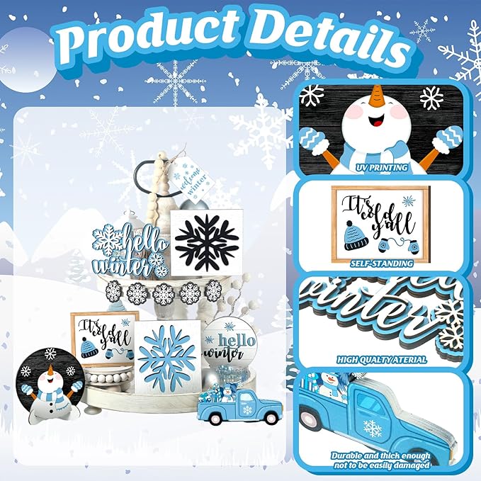 Winter Tiered Tray Decor Winter Snowman and Snowflakes Wooden Signs Farmhouse Tiered Tray Decorations Set Wood Table Decor for Holiday Home Kitchen(Retro Style)