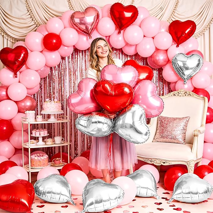 12 Pcs Pink and Red Heart Foil Balloons for Valentines Day Decorations, 18 Inch Romantic Love Valentine Heart Balloons for Galentines Day Decorations Wedding Marriage Birthday Bridal Shower Party