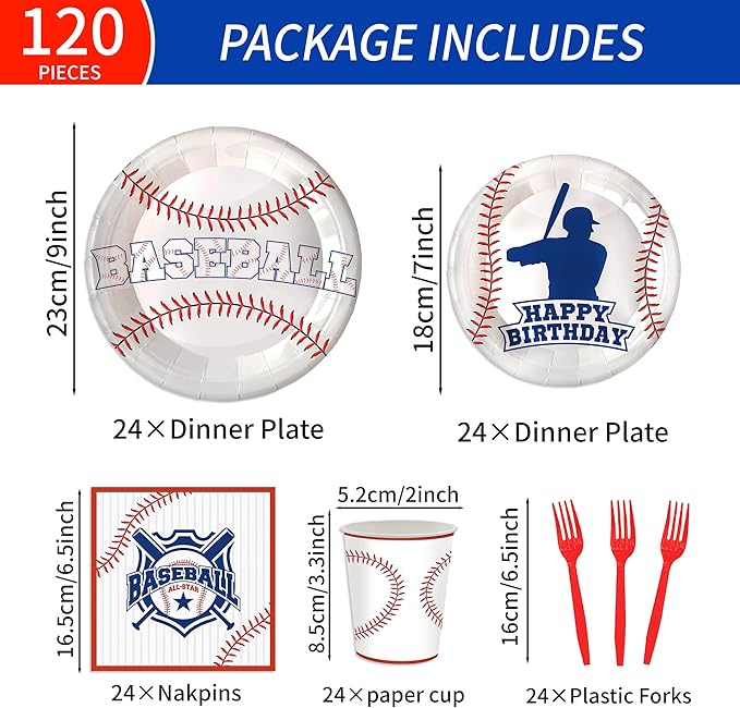 120pcs Baseball Party Supplies Birthday Plates Napkins Cups Red Forks Sports Birthday Party Decorations Paper Dessert Tableware Set for 24 Guests
