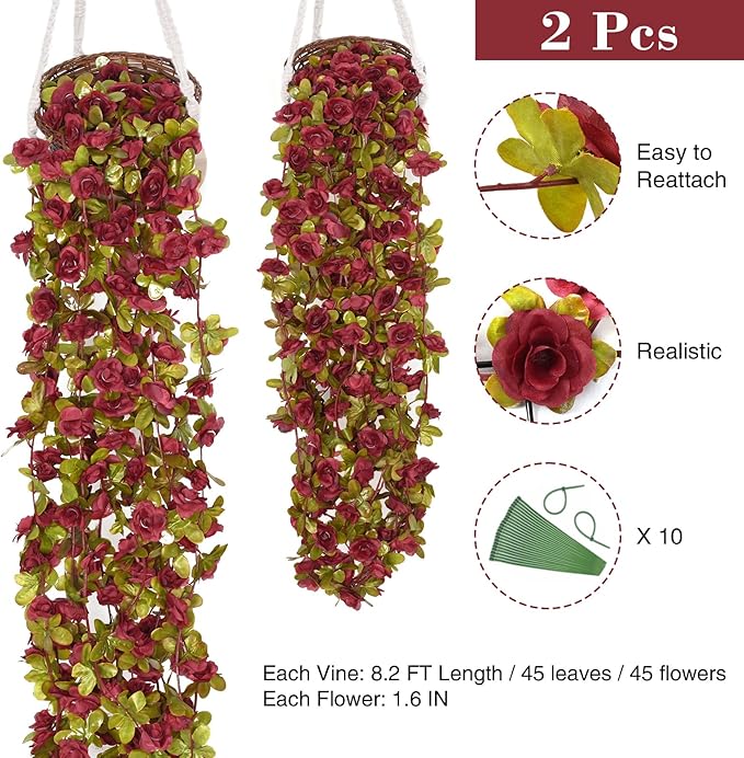 BLEUM CADE 2Pcs 16.4Ft Flowers Garland Artificial Rose Vines for Bedroom, Cute Fake Hanging Flower Vines Floral Garland Decorations for Wedding Party Wall Room Decor Aesthetic