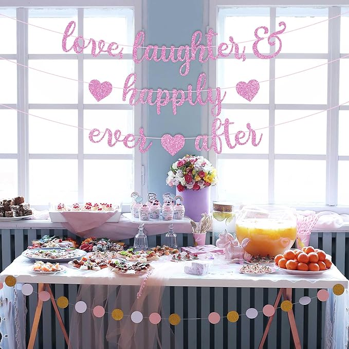 Pre-Strung Love Laughter & Happily Ever After Banner - NO DIY - Pink Glitter Bachelorette Wedding Bridal Party Banner - Pre-Strung Garland on 8 ft Strand - Pink Bachelorette Bridal Engagement Party